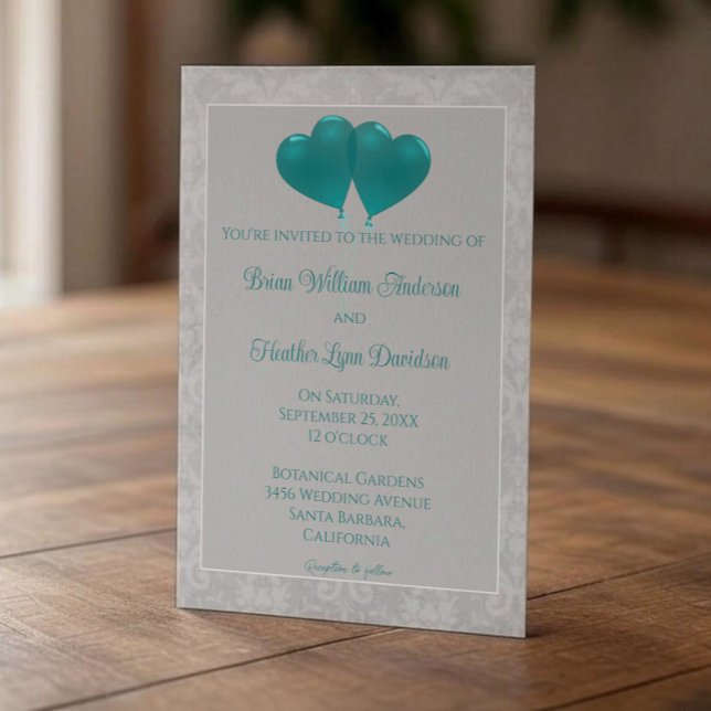 Faire-part de mariage des ballons cardiaques turqu (Teal Heart Balloons Wedding Invitation)