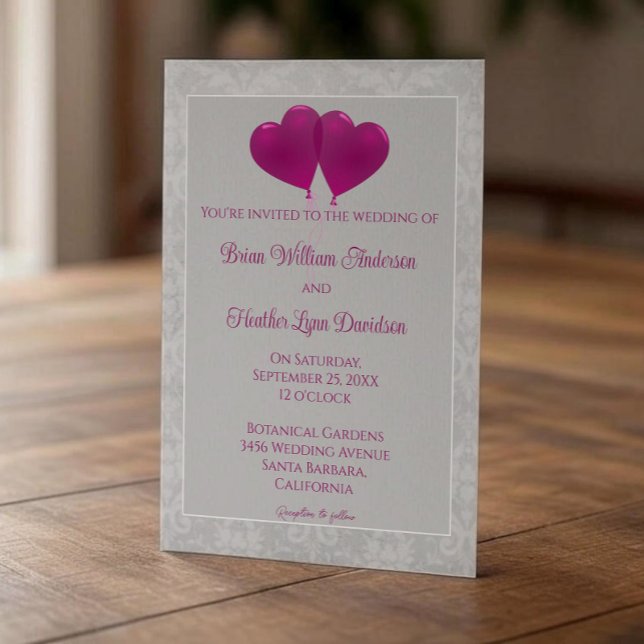 Faire-part de mariage des ballons de coeur magenta (Magenta Heart Balloons Wedding Invitation)