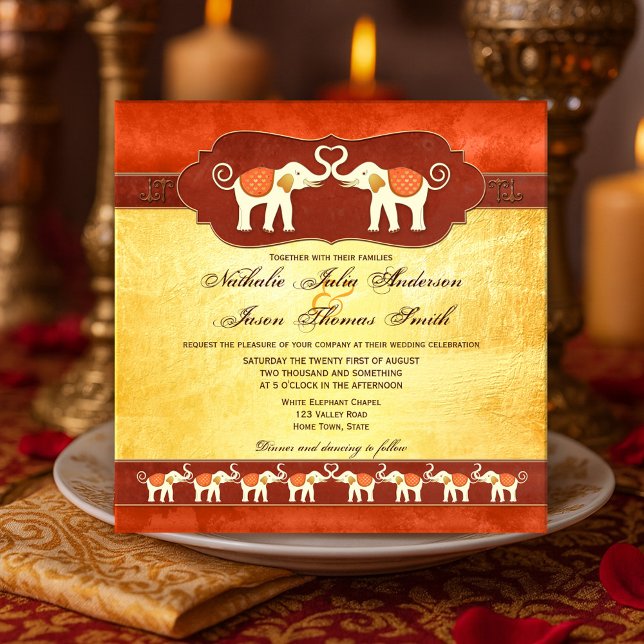Faire-part de mariage des éléphants blancs indiens (Indian art inspired wedding invitation featuring two ivory elephants and their families)