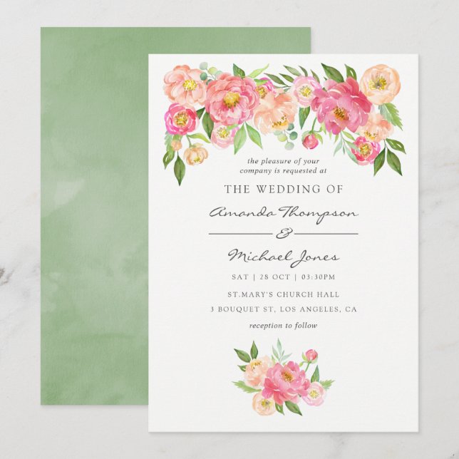 Faire-part de mariage des pivoines de l'aquarelle  (Devant / Derrière)