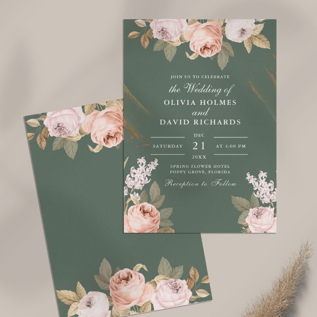 Faire-part de mariage des pivoines vertes de la ta (Bohemian Sage Green Peonies Wedding Invitation on table)