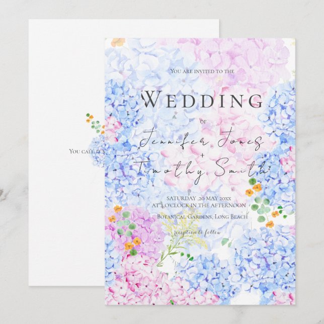 faire-part de mariage d'hydrangée rose et bleu (Devant / Derrière)