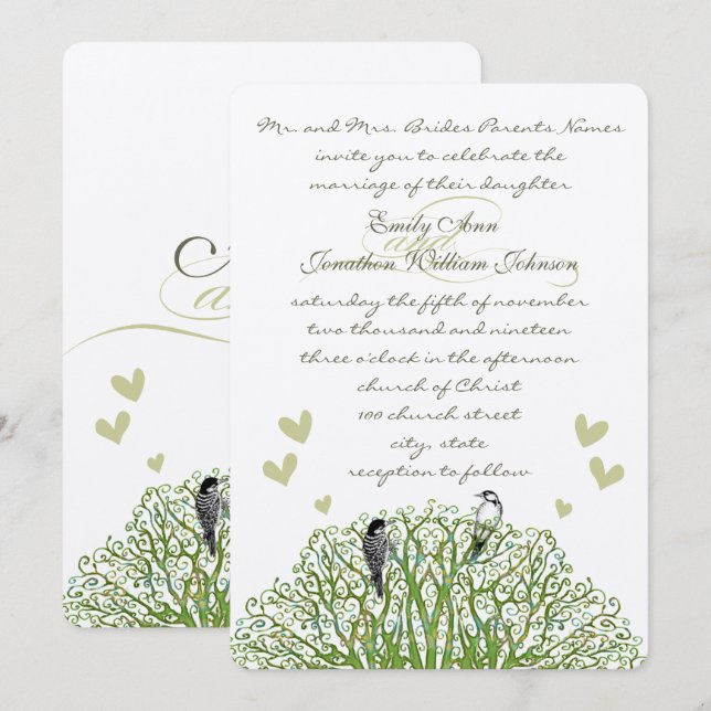Faire-part de mariage Die Cut Love Bird Green Tree (Devant / Derrière)