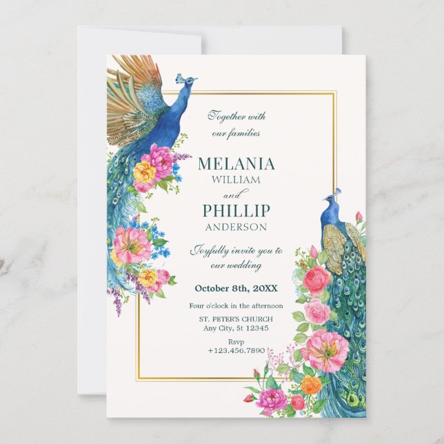 Faire-part de mariage d'oiseau de paon à fleurs ar (Devant)