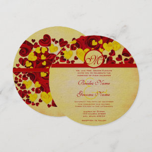 Faire-part de mariage d'or du coeur jaune et rouge