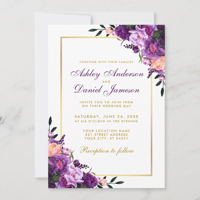 Faire-part de mariage d'or floral violet ultra vio (Devant)