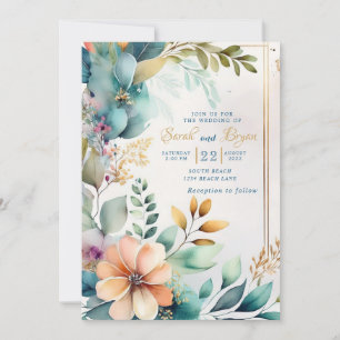 Faire-part de mariage d'or turquoise Peach Floral