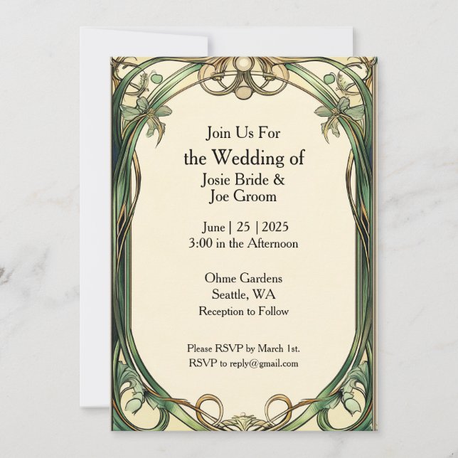 Faire-part de mariage d'or vert Art Nouveau (Devant)