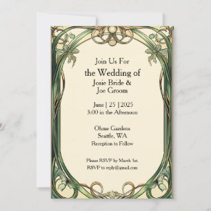 Faire-part de mariage d'or vert Art Nouveau
