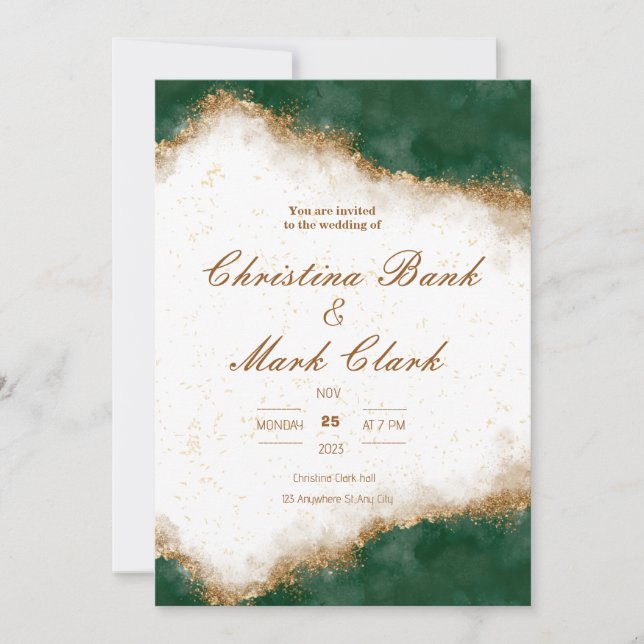 Faire-part de mariage doré et vert (Devant)