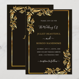 Faire-part de mariage doré Floral encadré d'or noi