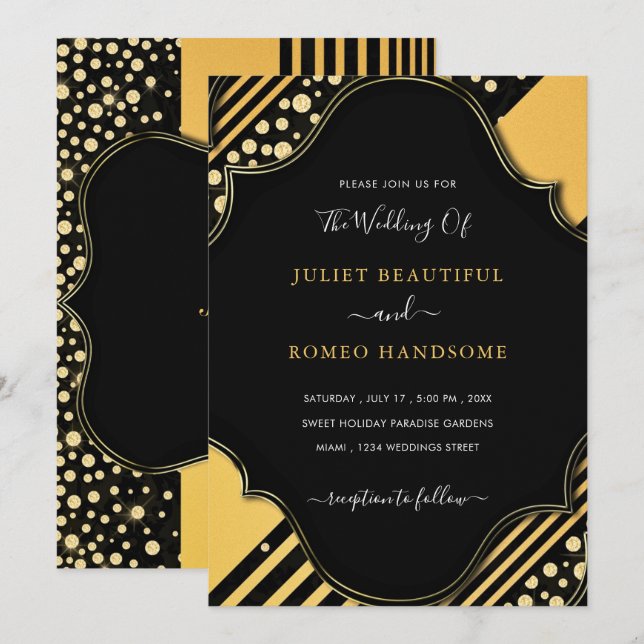 Faire-part de mariage doré noir encadré Or de luxe (Devant / Derrière)