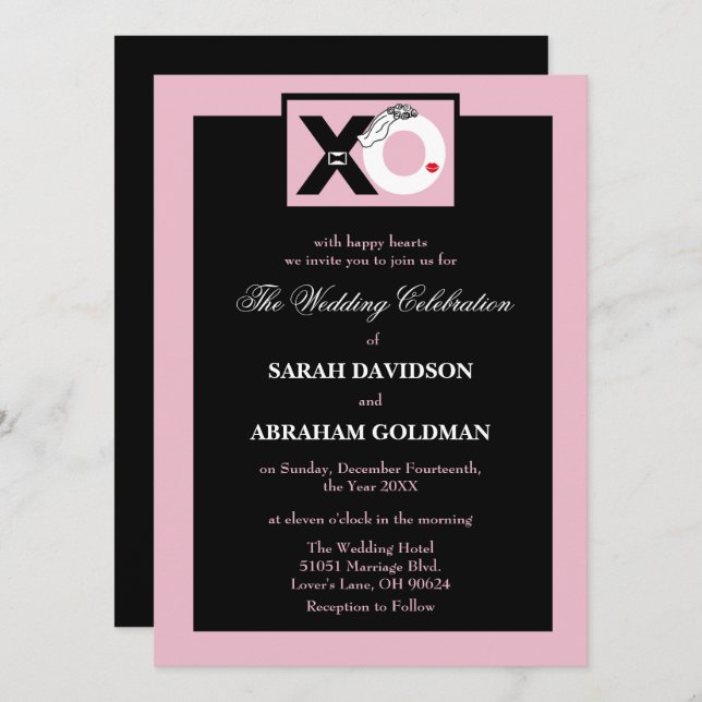 Faire-part de mariage drôle et mignon noir et rose (Devant / Derrière)