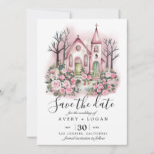 faire-part de mariage église rose aquarelle