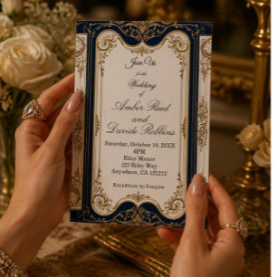 Faire-part de mariage élégant Art Déco marine et o
