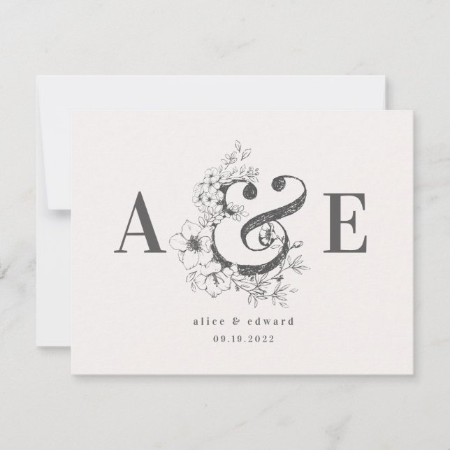 Faire-part de mariage élégant avec fleurs dessinée (Devant)