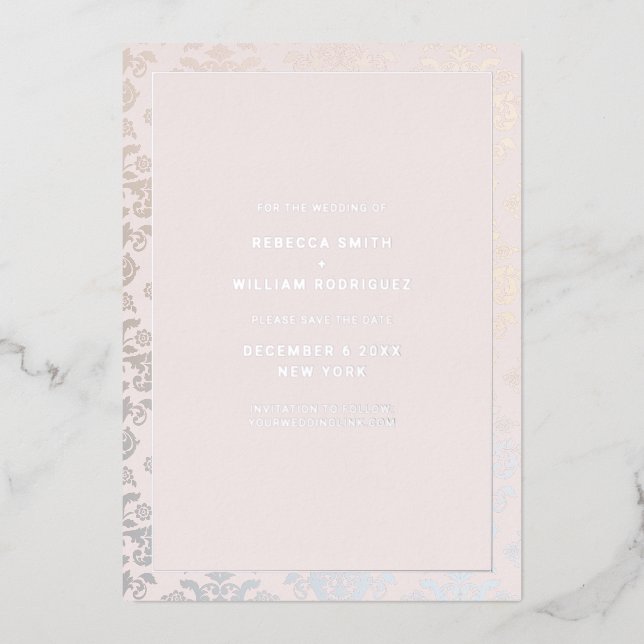 Faire-part de mariage élégant damassé argent crème (Recto)
