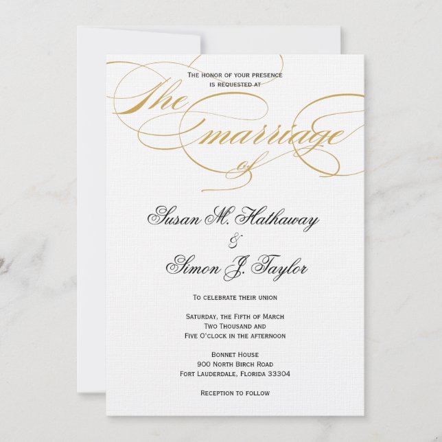 Faire-part de mariage élégant de manuscrit - or (Devant)
