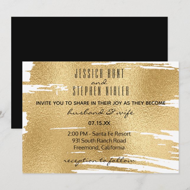 Faire-part de mariage élégant en noir et or (Devant / Derrière)