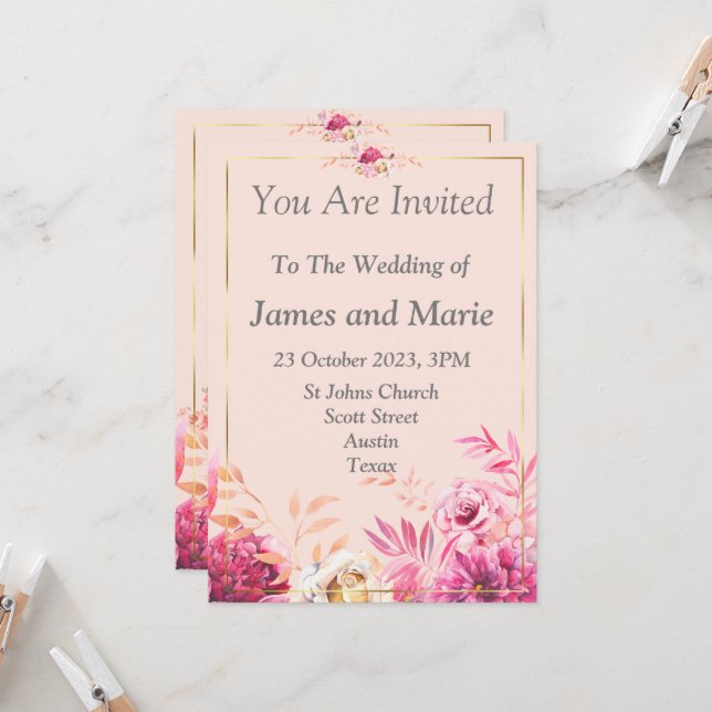 Faire-part de mariage élégant, fleurs roses (Devant/Arrière en situation)