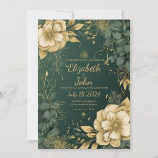 Faire-part de mariage élégant or et vert.