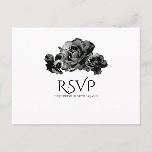 Faire-part de mariage élégant Roses Aquarelle Noir (Devant)