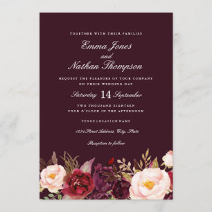Faire-part de mariage en aquarelle florale bordeau