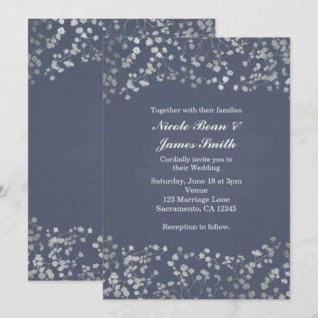 Faire-part de mariage en bois bleu et souffle de b (Devant / Derrière)