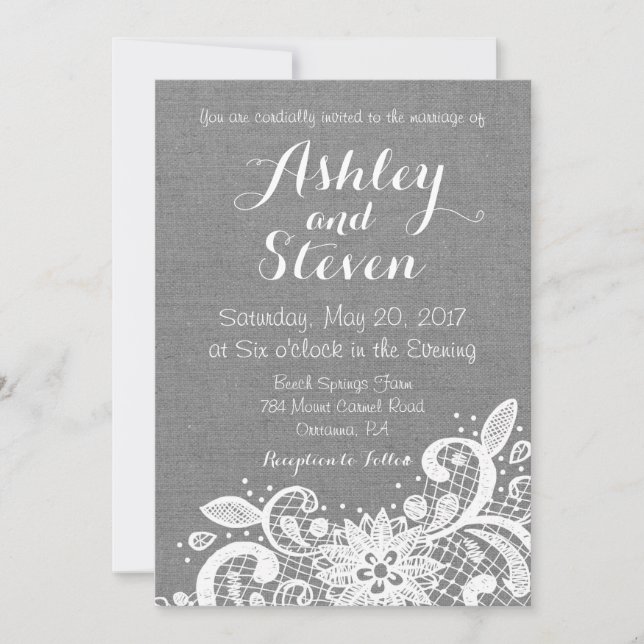 Faire-part de mariage en Burlap gris et dentelle (Devant)