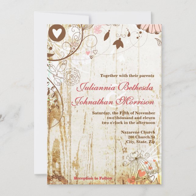 Faire-part de mariage en cage à oiseaux en bois ru (Devant)