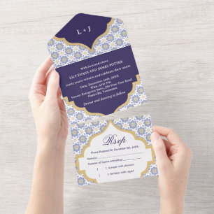 Faire-part de mariage en carreaux marocains indigo