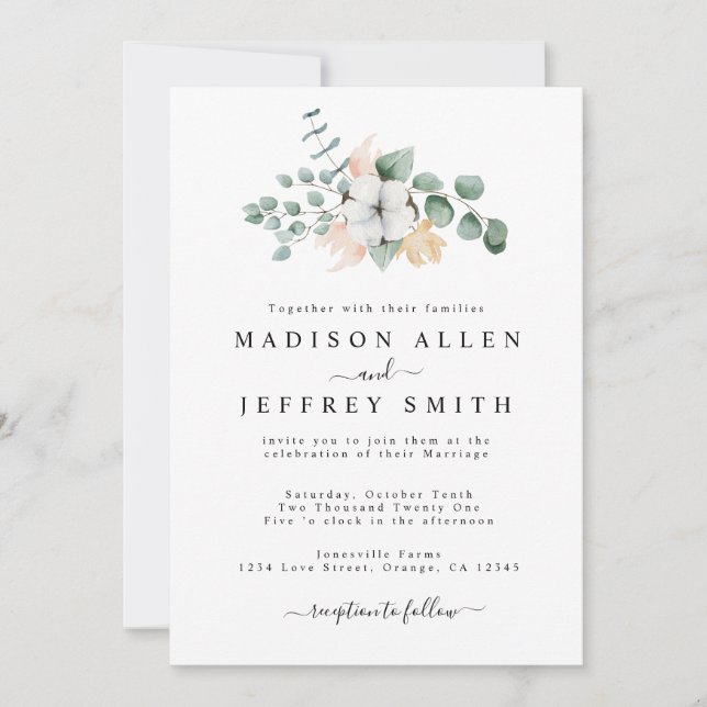 Faire-part de mariage en coton Eucalyptus (Devant)