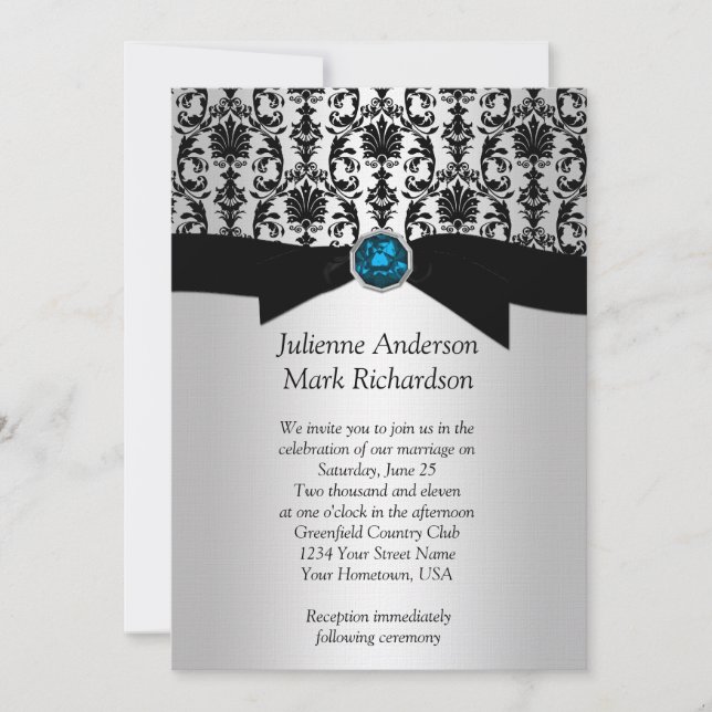 Faire-part de mariage en damas turquoise argent no (Devant)