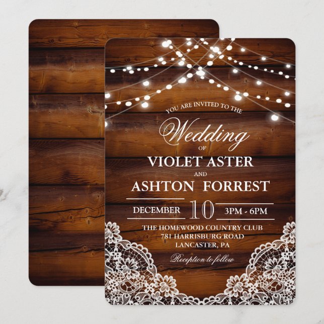 Faire-part de mariage en dentelle de bois rustique (Devant / Derrière)