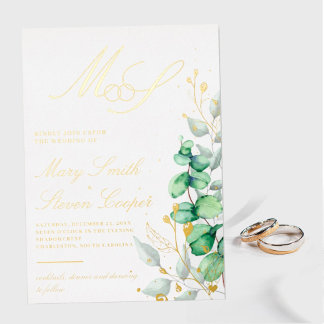Faire-part de mariage en feuille d'or et eucalyptu