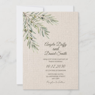 Faire-part de mariage en lin avec branche d'olivie