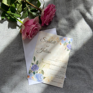 Faire-part de mariage en marbre bleu Floral or