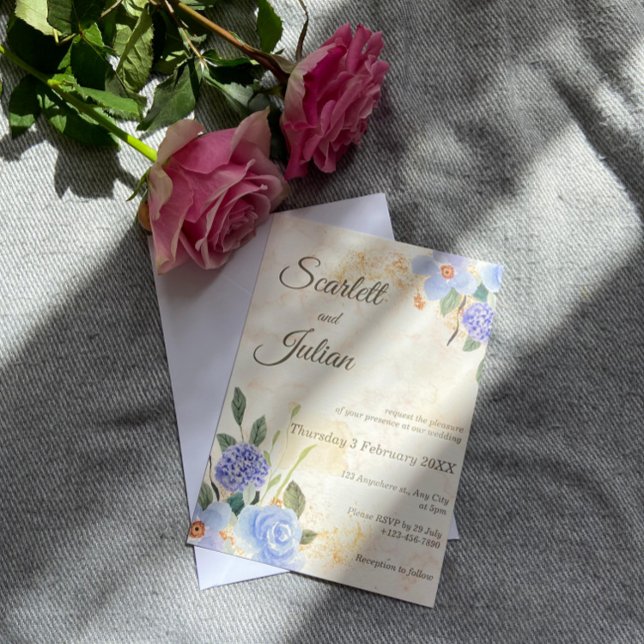 Faire-part de mariage en marbre bleu Floral or (Créateur téléchargé)