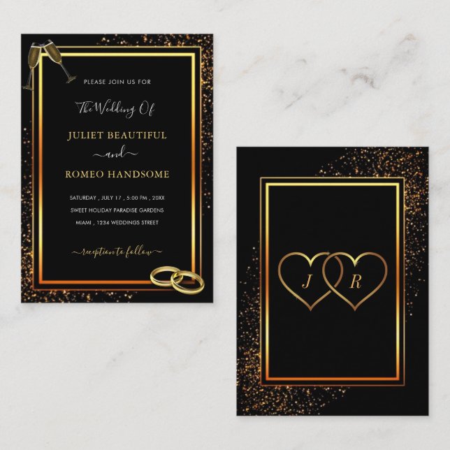 Faire-part de mariage en or noir avec anneaux (Devant / Derrière)
