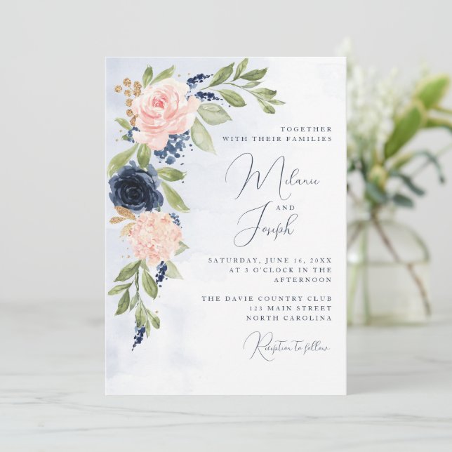 Faire-part de mariage en or rose bleu marine (Debout devant)