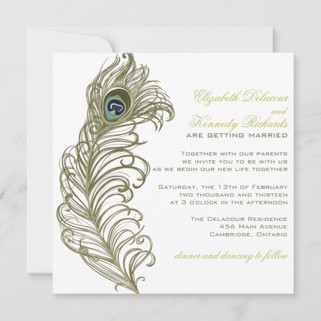 Faire-part de mariage en plume de paon en Whimsica (Devant)