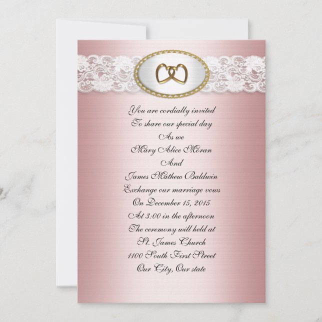 Faire-part de mariage en satin et dentelle rose (Devant)