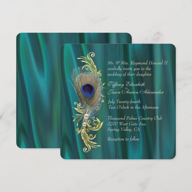 Faire-part de mariage en satin turquoise et en plu (Devant / Derrière)