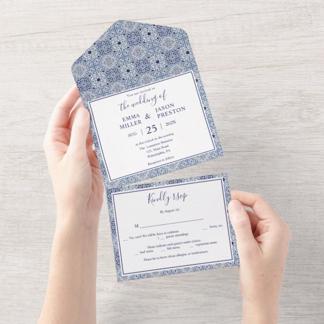 Faire-part de mariage en tuiles bleues tout en une (Déchirure)