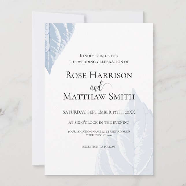 Faire-part de mariage feuille bleu poussiéreux (Devant)