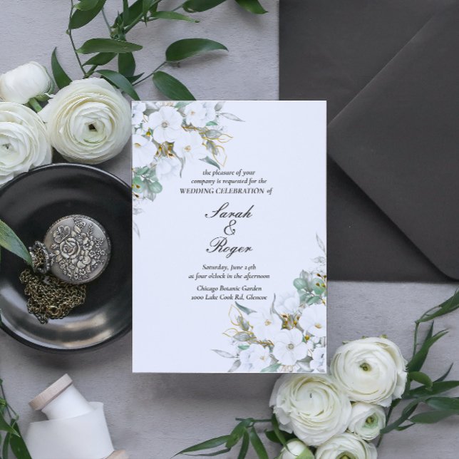 Faire-part de mariage Feuille d'or floral blanc (Créateur téléchargé)