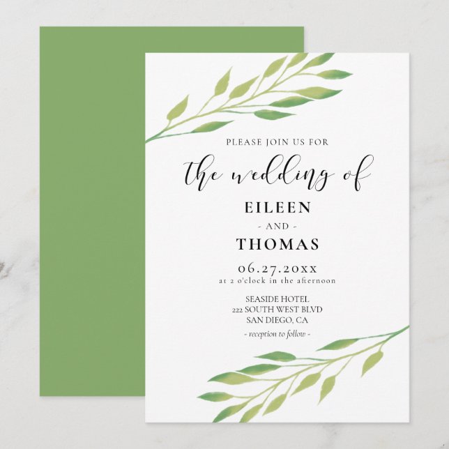 Faire-part de mariage feuilles vert aquarelle (Devant / Derrière)