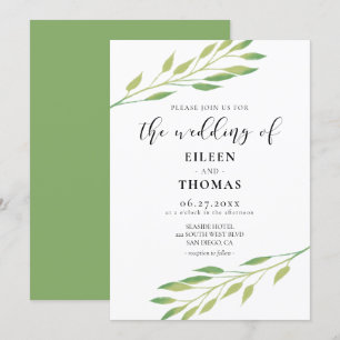 Faire-part de mariage feuilles vert aquarelle