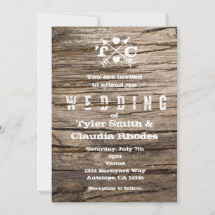 Faire-part de mariage Flèches et cœurs en bois rus