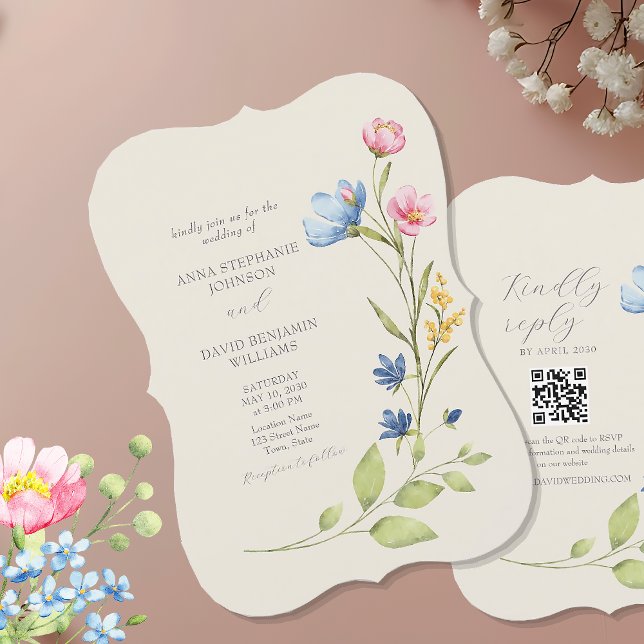 Faire-part de mariage fleur sauvage avec code QR (Créateur téléchargé)